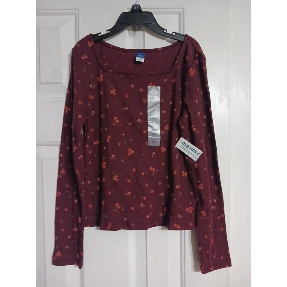 NWT Girls Old Navy Long Sleeve Pointelle Knit Top Size M (8) Burg Floral  K2